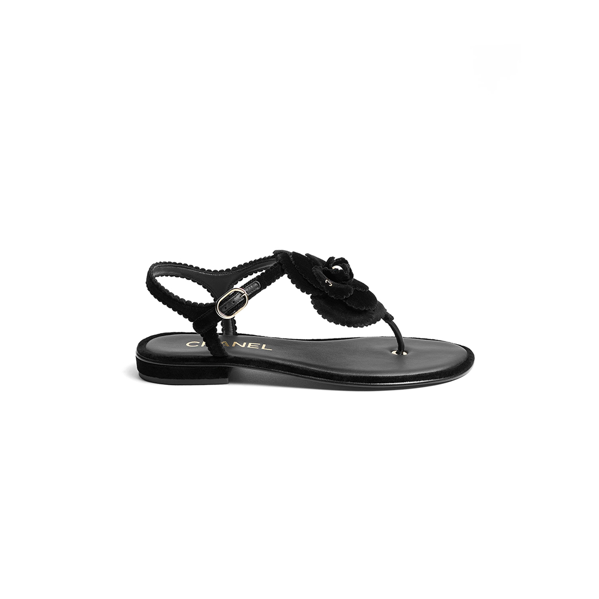 CHANEL SUEDE CAMELLIA THONG SANDALS 